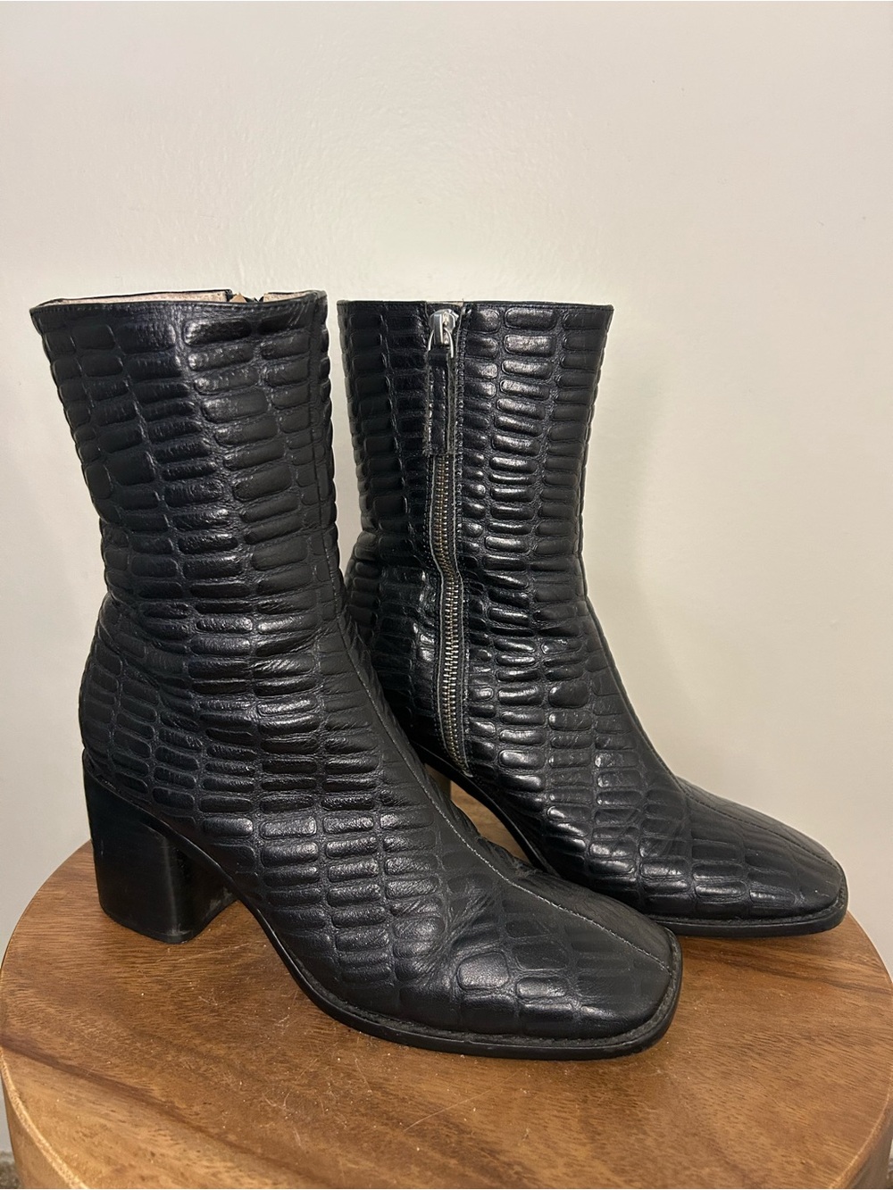 Intentionally Blank Leather Black Croc-Embossed Mid-Calf Block Heel Boots